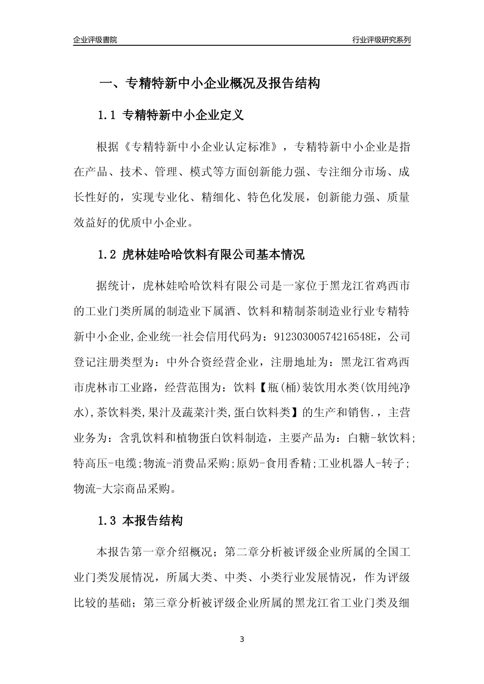 [专精特新]虎林娃哈哈饮料有限公司行业竞争力评级分析报告(2023版)_第3页