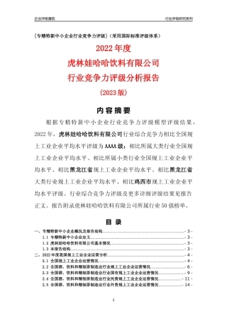 [专精特新]虎林娃哈哈饮料有限公司行业竞争力评级分析报告(2023版)