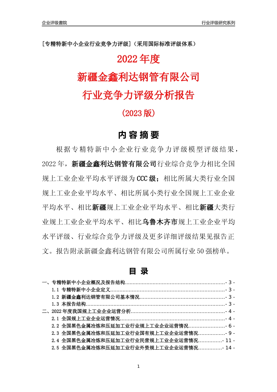 [专精特新]新疆金鑫利达钢管有限公司行业竞争力评级分析报告(2023版)_第1页