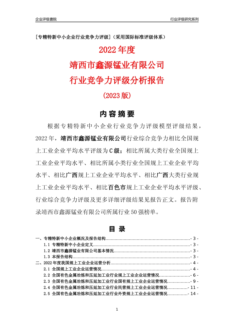 [专精特新]靖西市鑫源锰业有限公司行业竞争力评级分析报告(2023版)_第1页