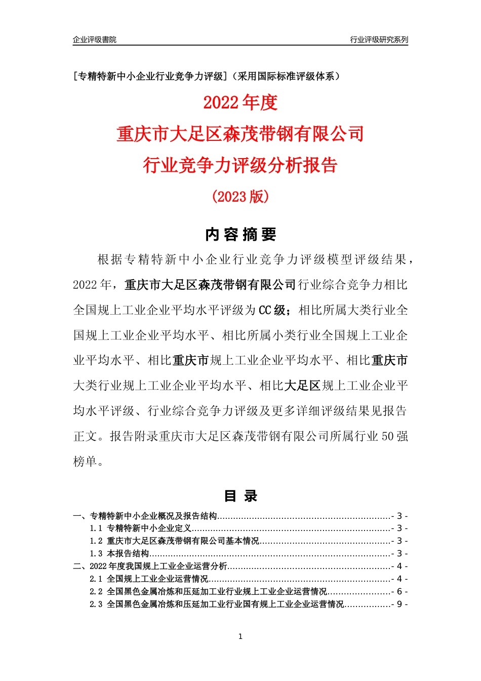 [专精特新]重庆市大足区森茂带钢有限公司行业竞争力评级分析报告(2023版)_第1页