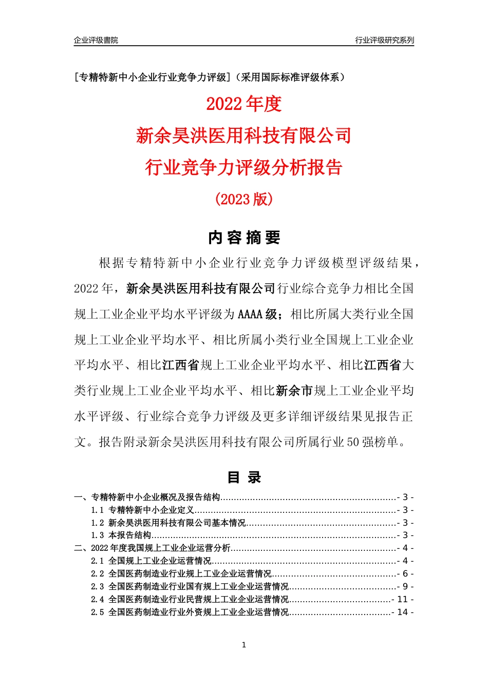 [专精特新]新余昊洪医用科技有限公司行业竞争力评级分析报告(2023版)_第1页