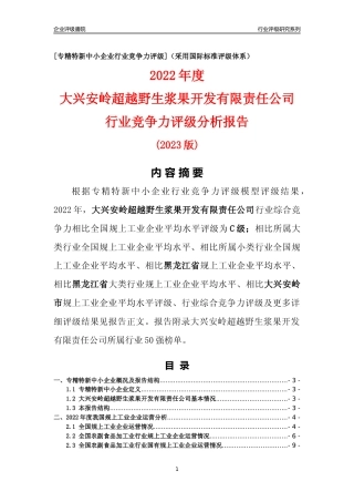 [专精特新]大兴安岭超越野生浆果开发有限责任公司行业竞争力评级分析报告(2023版)