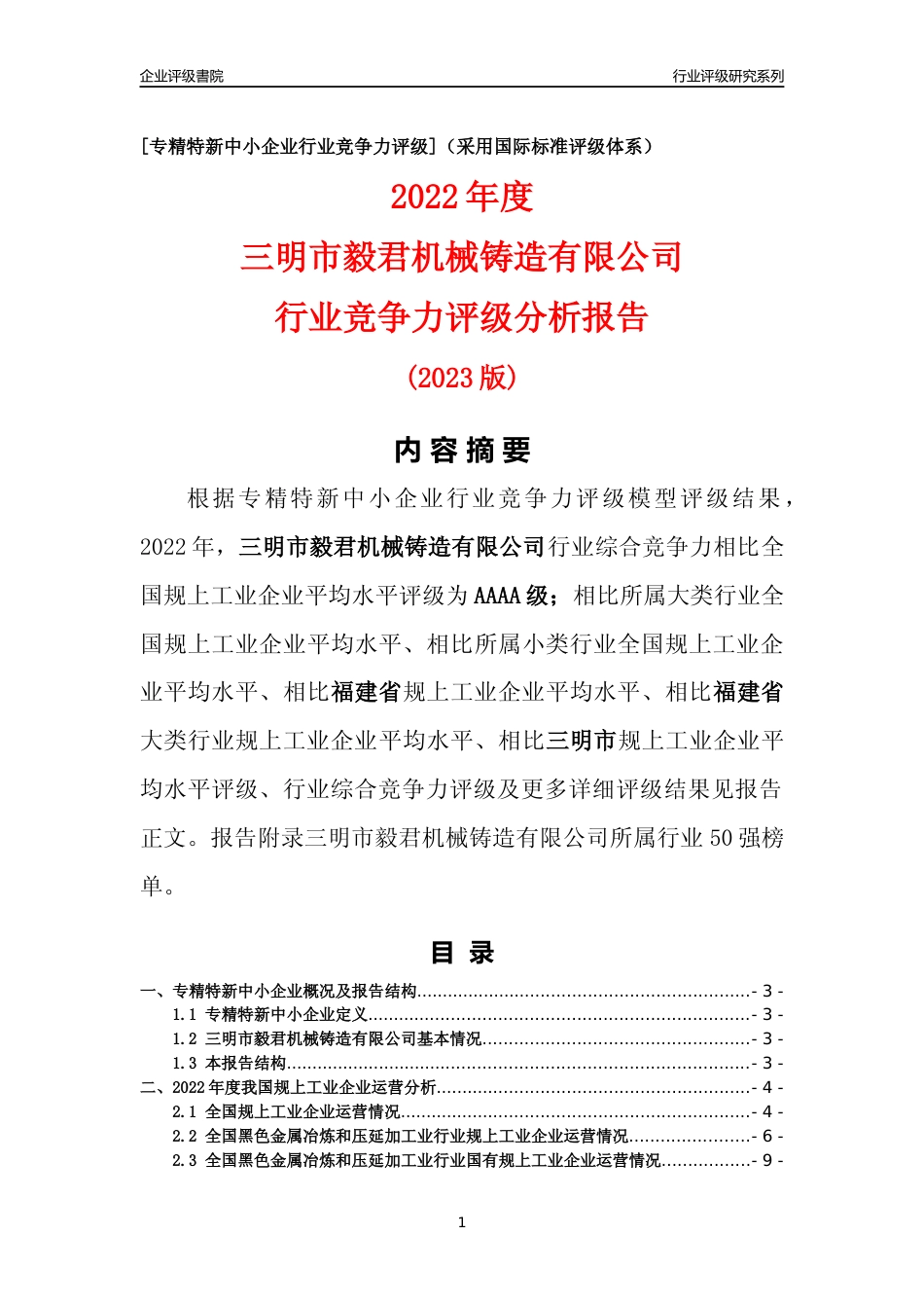 [专精特新]三明市毅君机械铸造有限公司行业竞争力评级分析报告(2023版)_第1页
