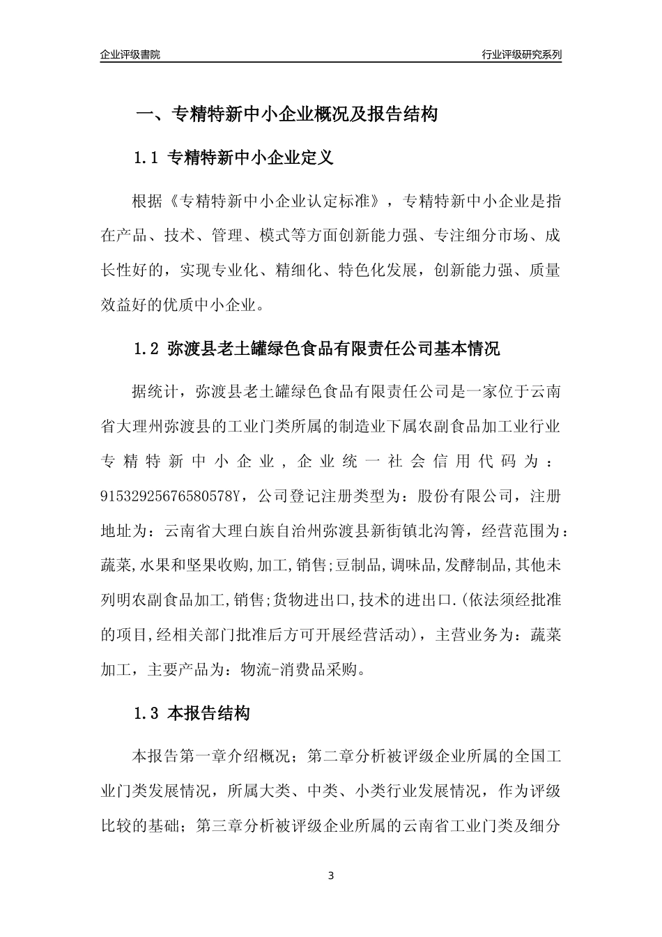 [专精特新]弥渡县老土罐绿色食品有限责任公司行业竞争力评级分析报告(2023版)_第3页