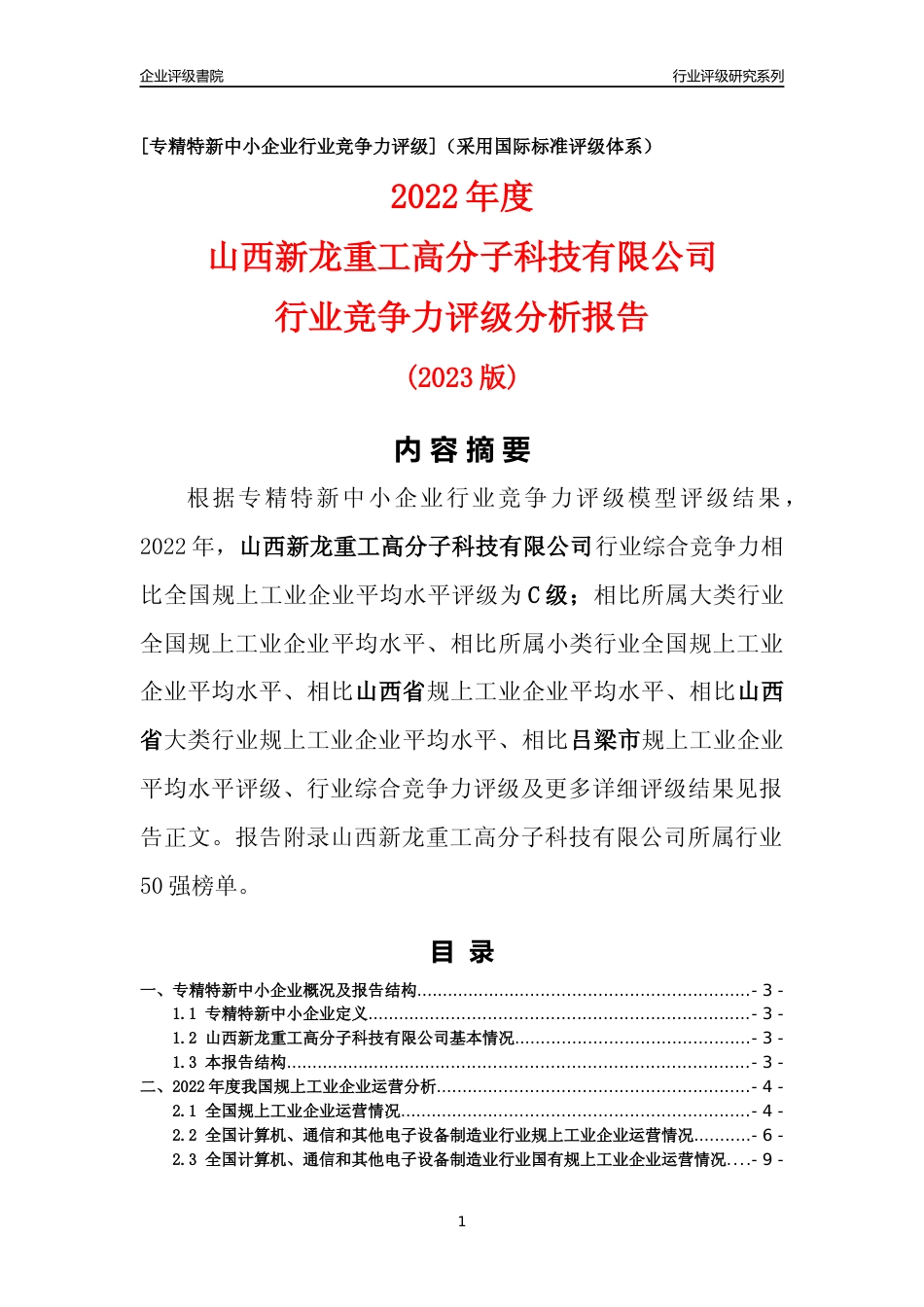 [专精特新]山西新龙重工高分子科技有限公司行业竞争力评级分析报告(2023版)_第1页