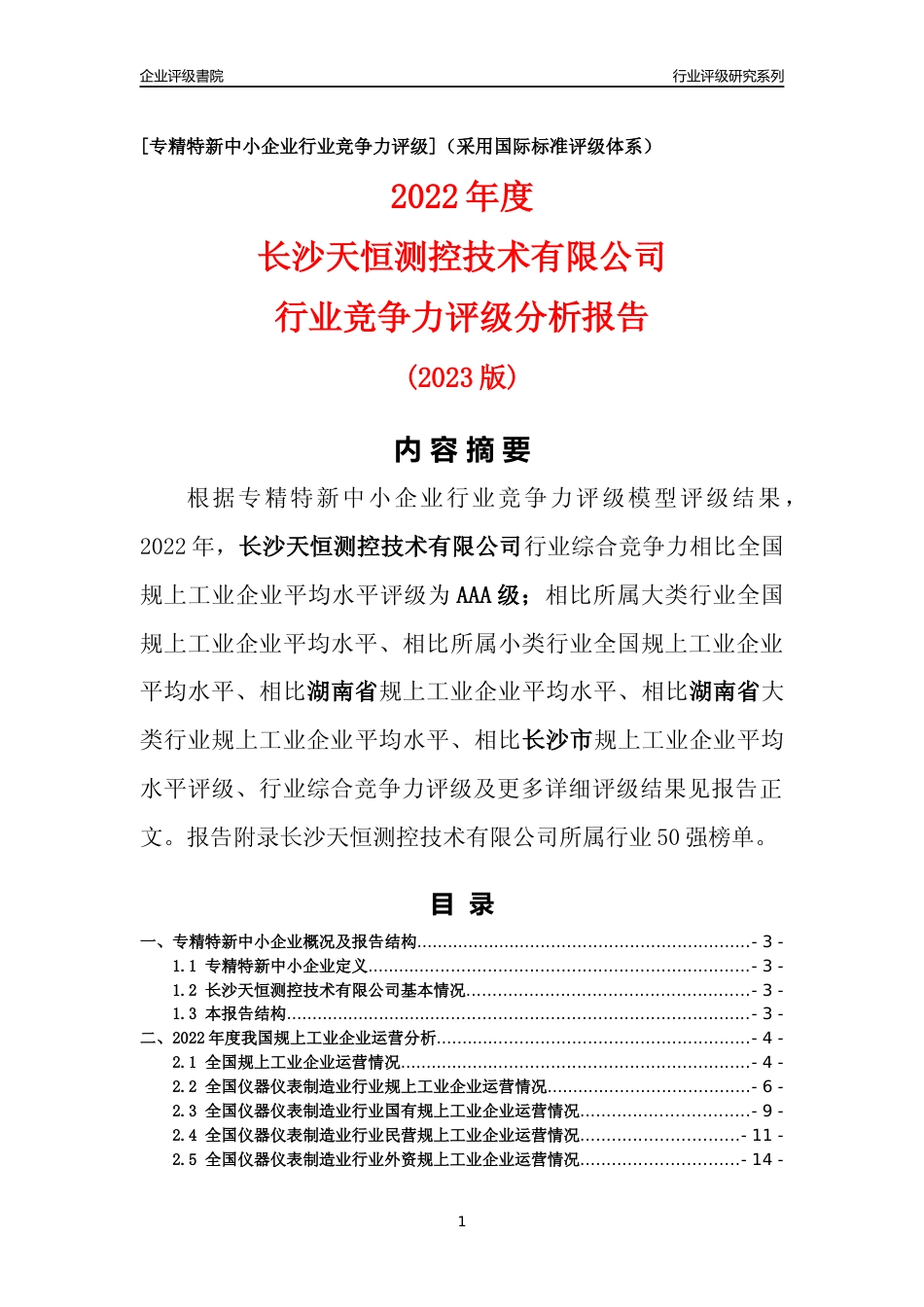 [专精特新]长沙天恒测控技术有限公司行业竞争力评级分析报告(2023版)_第1页
