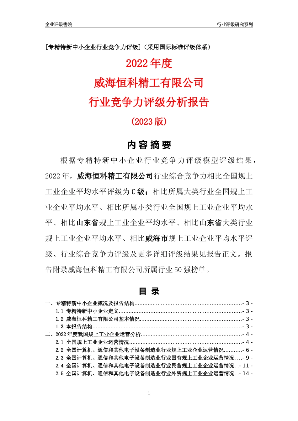 [专精特新]威海恒科精工有限公司行业竞争力评级分析报告(2023版)_第1页