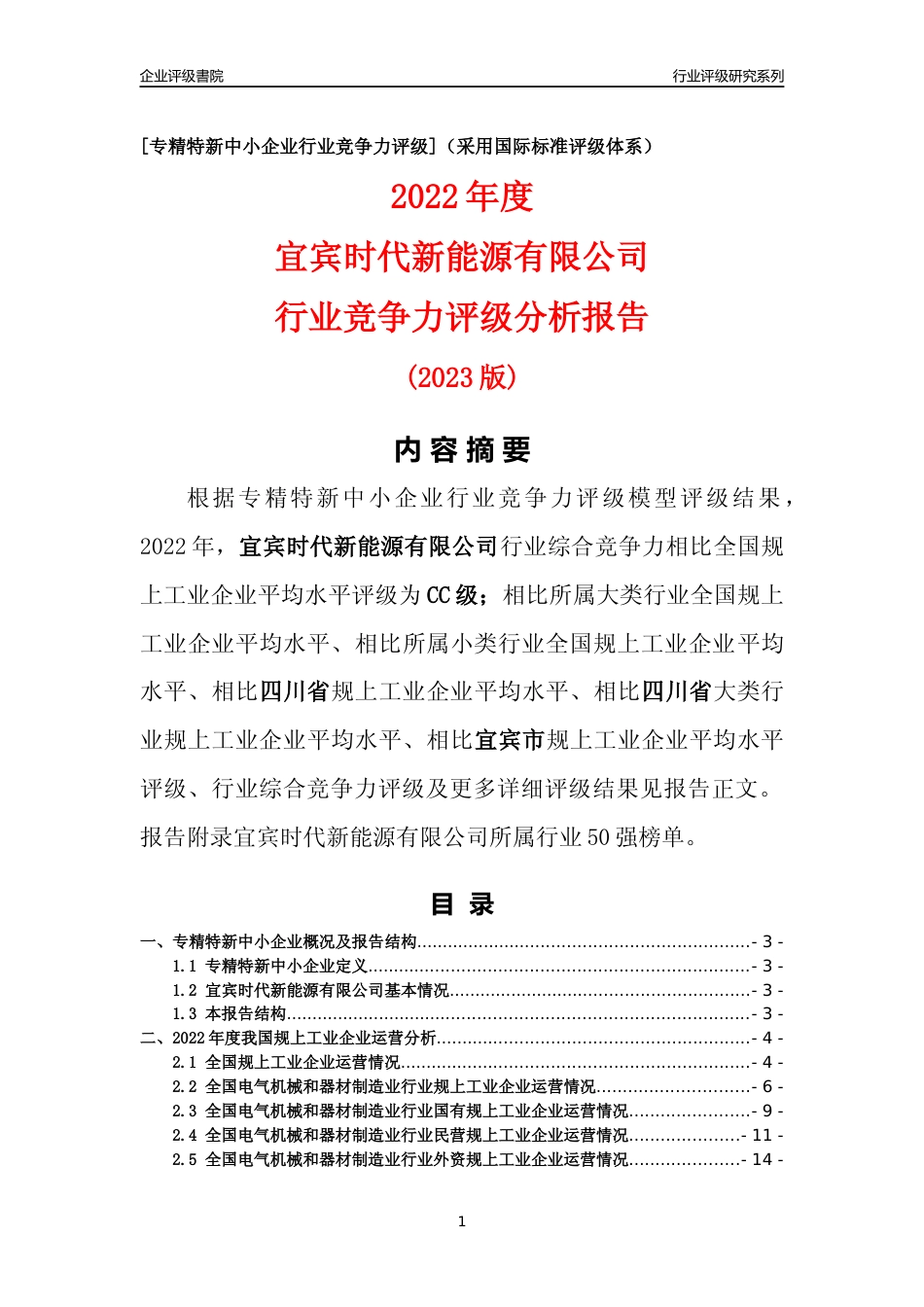[专精特新]宜宾时代新能源有限公司行业竞争力评级分析报告(2023版)_第1页