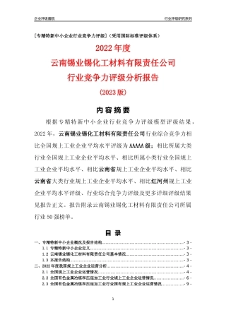 [专精特新]云南锡业锡化工材料有限责任公司行业竞争力评级分析报告(2023版)