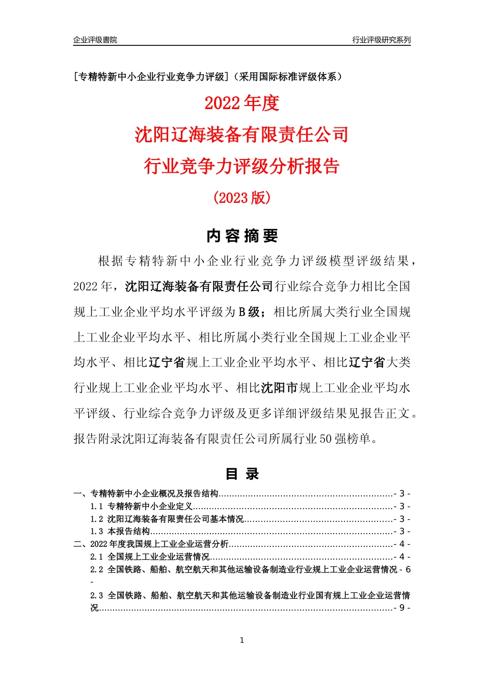 [专精特新]沈阳辽海装备有限责任公司行业竞争力评级分析报告(2023版)_第1页