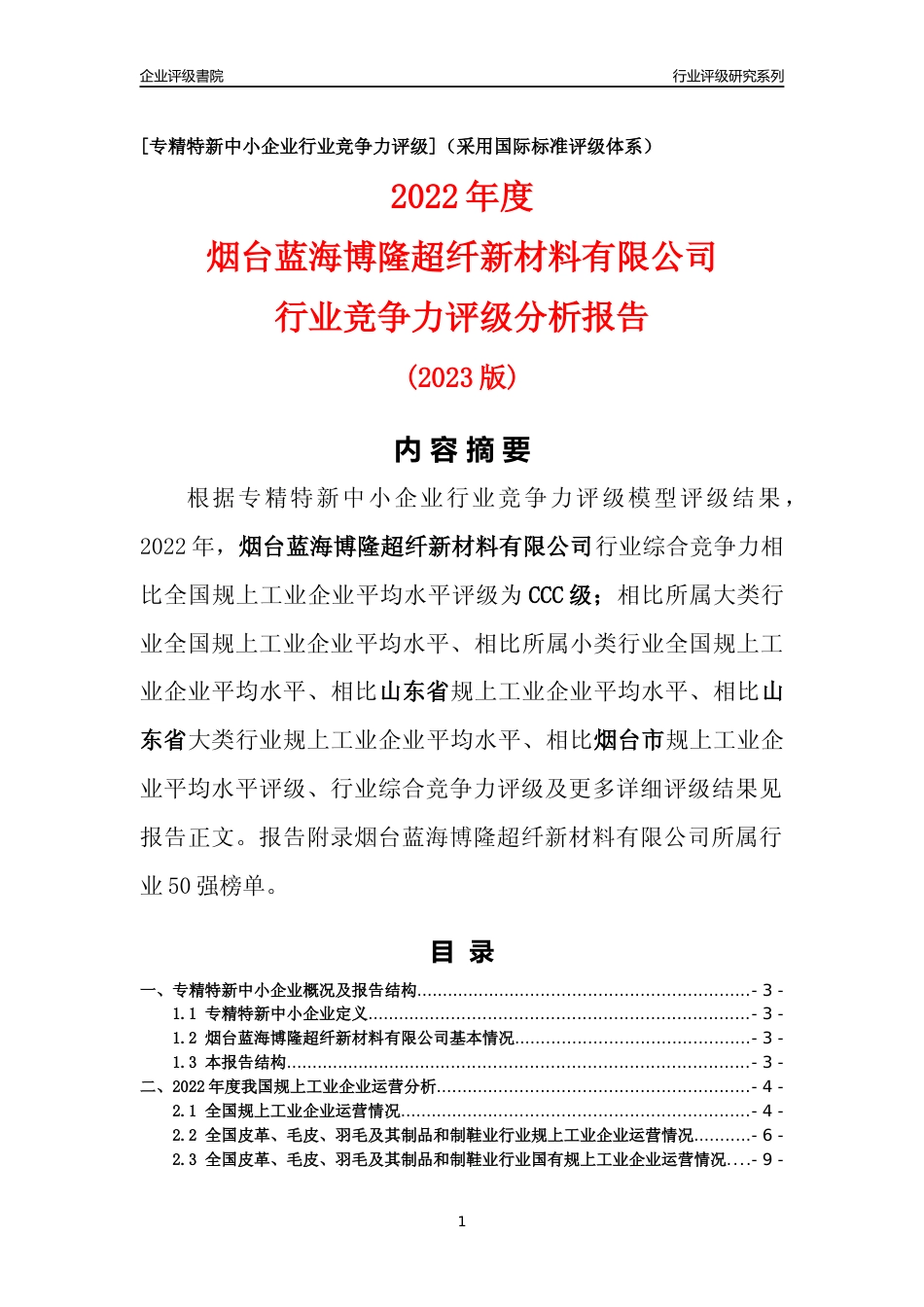 [专精特新]烟台蓝海博隆超纤新材料有限公司行业竞争力评级分析报告(2023版)_第1页