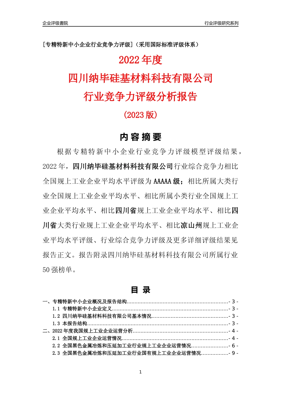 [专精特新]四川纳毕硅基材料科技有限公司行业竞争力评级分析报告(2023版)_第1页
