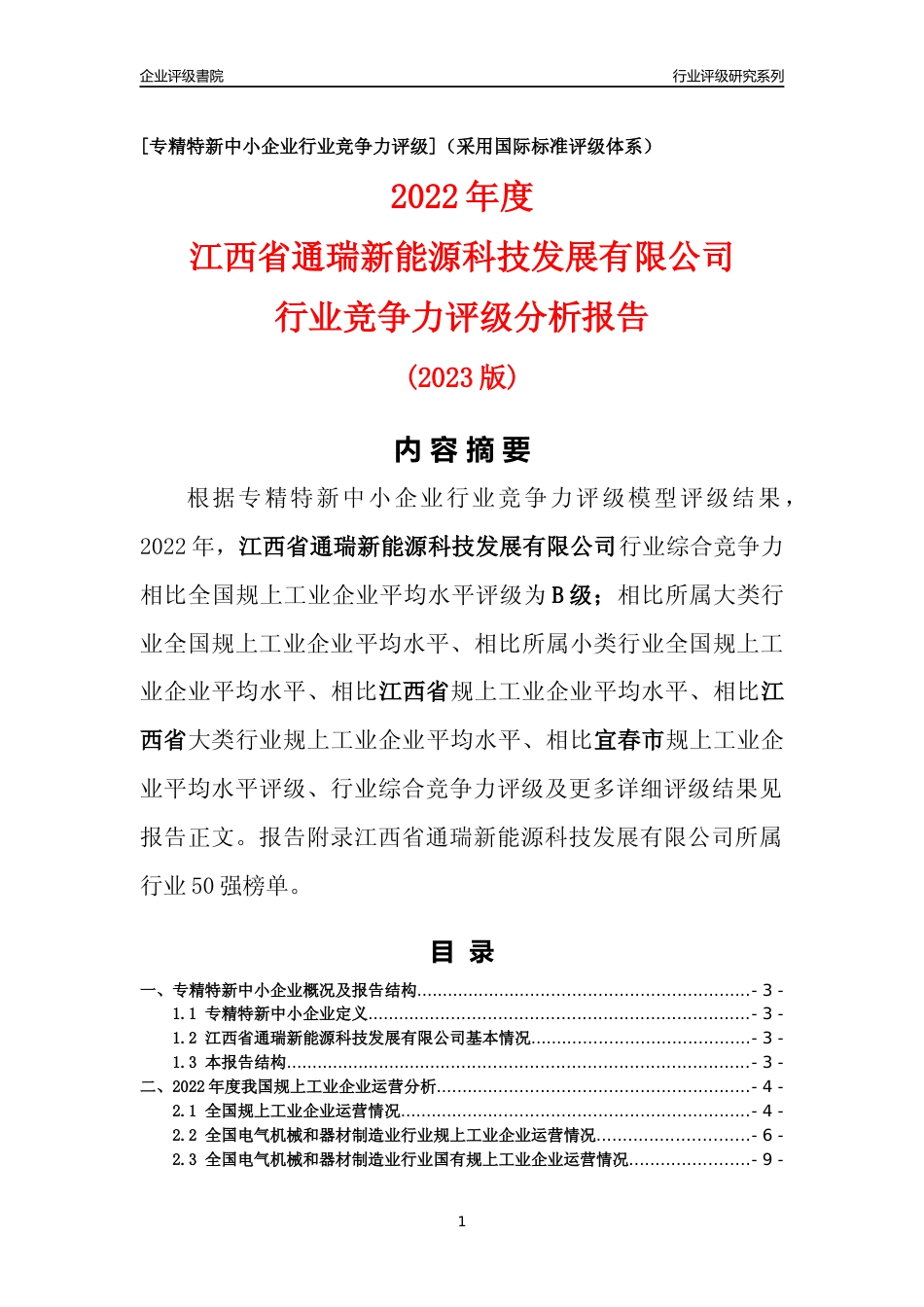 [专精特新]江西省通瑞新能源科技发展有限公司行业竞争力评级分析报告(2023版)_第1页