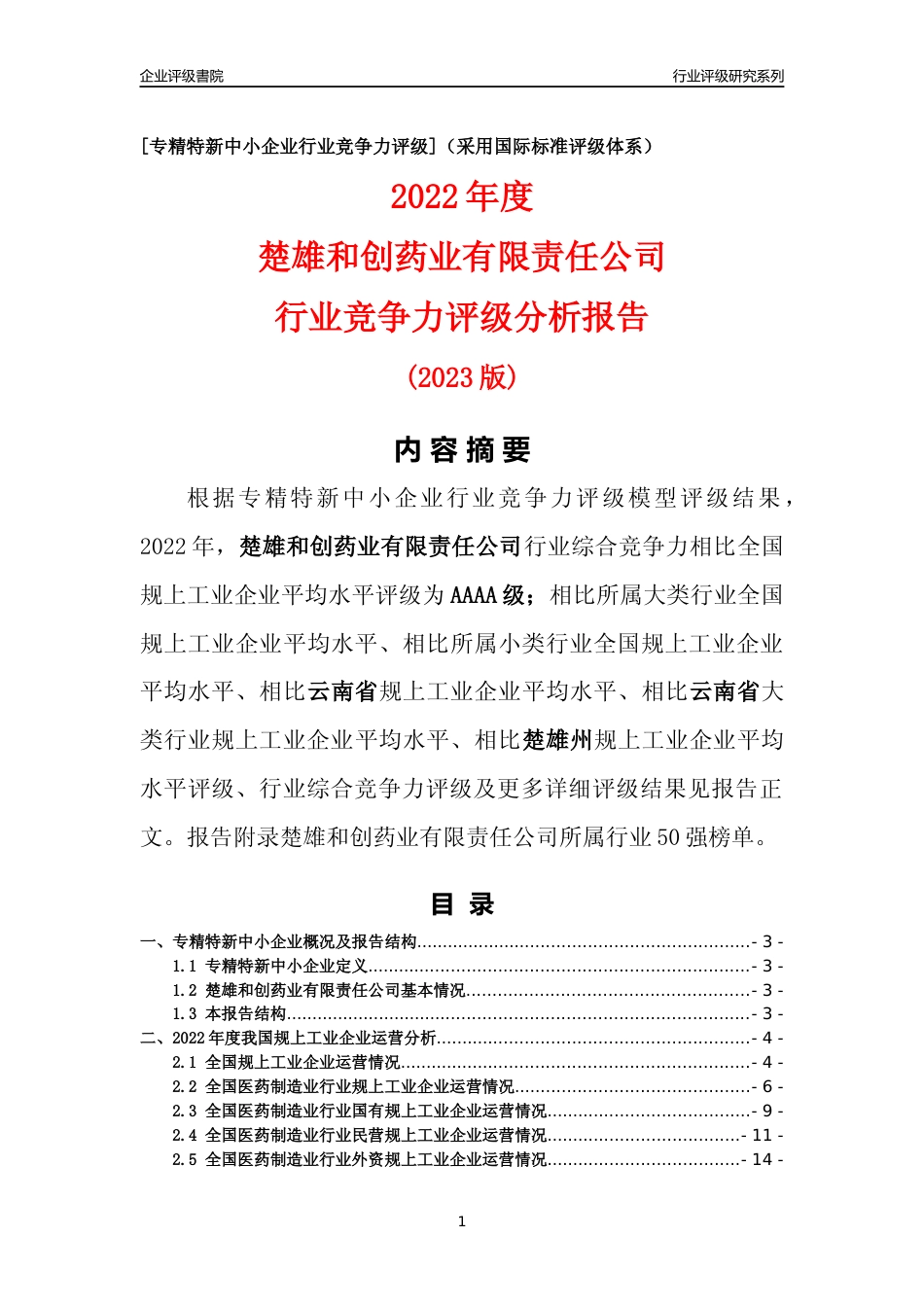 [专精特新]楚雄和创药业有限责任公司行业竞争力评级分析报告(2023版)_第1页