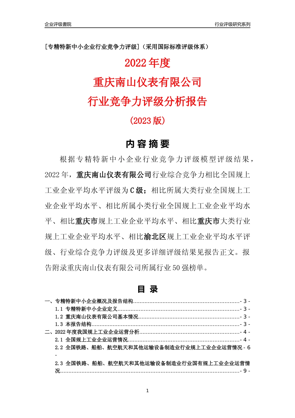 [专精特新]重庆南山仪表有限公司行业竞争力评级分析报告(2023版)_第1页