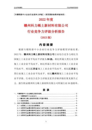 [专精特新]赣州科力稀土新材料有限公司行业竞争力评级分析报告(2023版)
