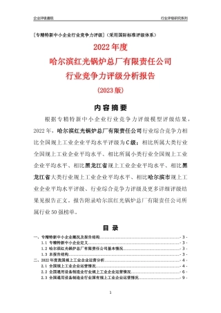 [专精特新]哈尔滨红光锅炉总厂有限责任公司行业竞争力评级分析报告(2023版)
