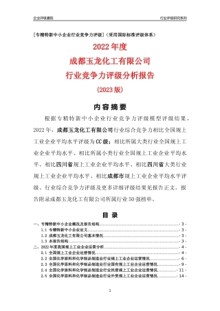 [专精特新]成都玉龙化工有限公司行业竞争力评级分析报告(2023版)