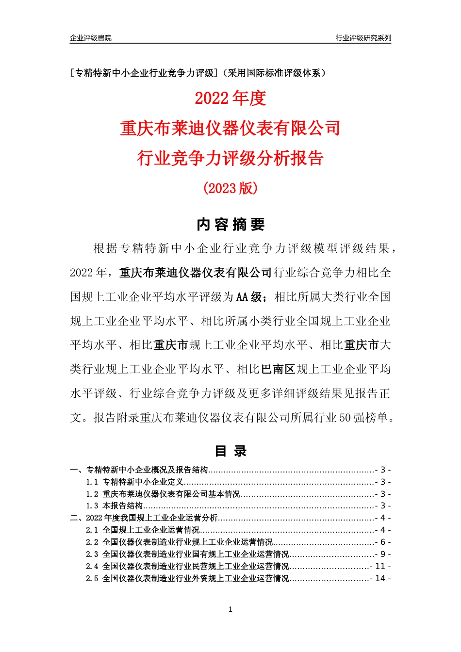 [专精特新]重庆布莱迪仪器仪表有限公司行业竞争力评级分析报告(2023版)_第1页