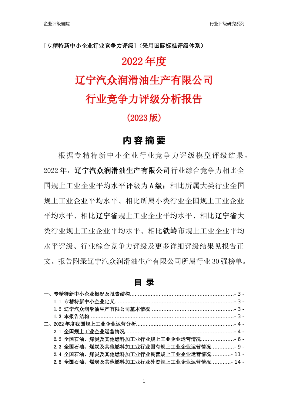 [专精特新]辽宁汽众润滑油生产有限公司行业竞争力评级分析报告(2023版)_第1页