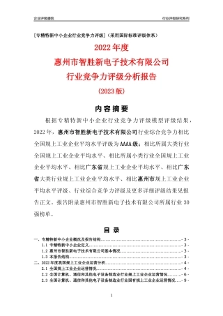 [专精特新]惠州市智胜新电子技术有限公司行业竞争力评级分析报告(2023版)