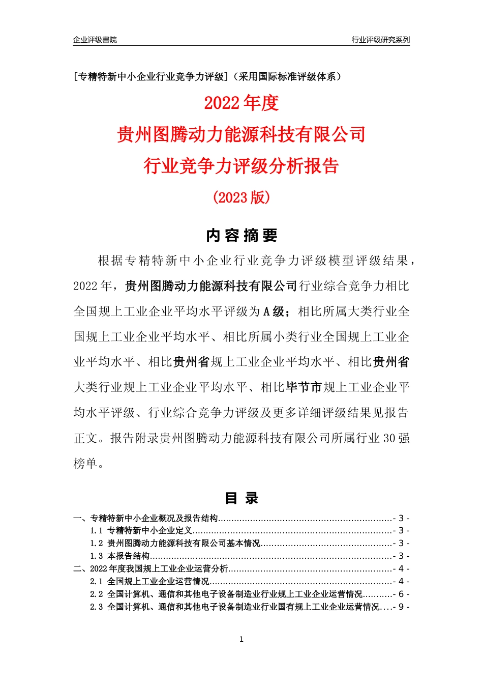 [专精特新]贵州图腾动力能源科技有限公司行业竞争力评级分析报告(2023版)_第1页