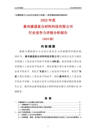 [专精特新]惠州康晟复合材料科技有限公司行业竞争力评级分析报告(2023版)