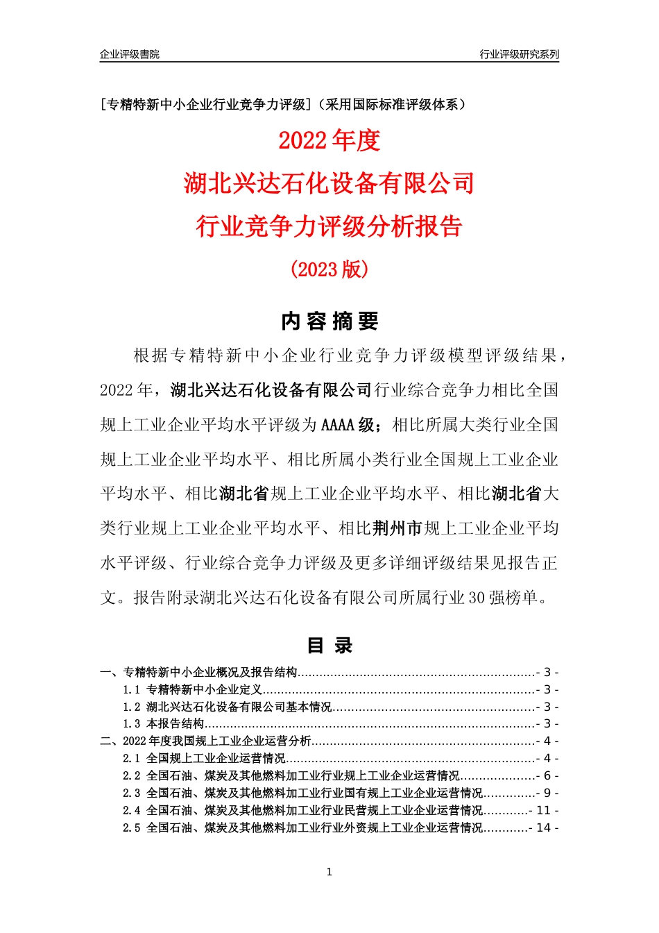 [专精特新]湖北兴达石化设备有限公司行业竞争力评级分析报告(2023版)_第1页