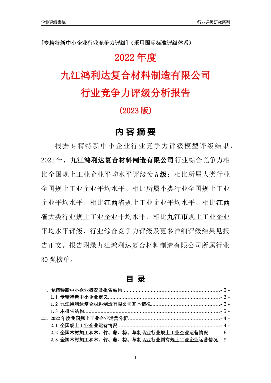 [专精特新]九江鸿利达复合材料制造有限公司行业竞争力评级分析报告(2023版)_第1页
