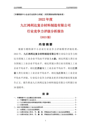 [专精特新]九江鸿利达复合材料制造有限公司行业竞争力评级分析报告(2023版)