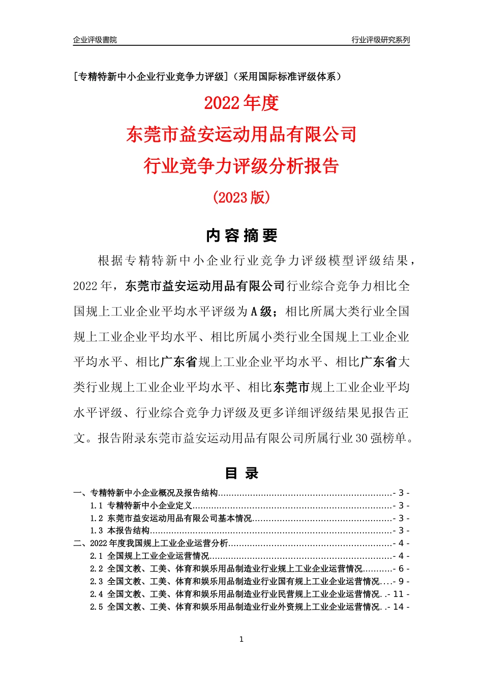 [专精特新]东莞市益安运动用品有限公司行业竞争力评级分析报告(2023版)_第1页