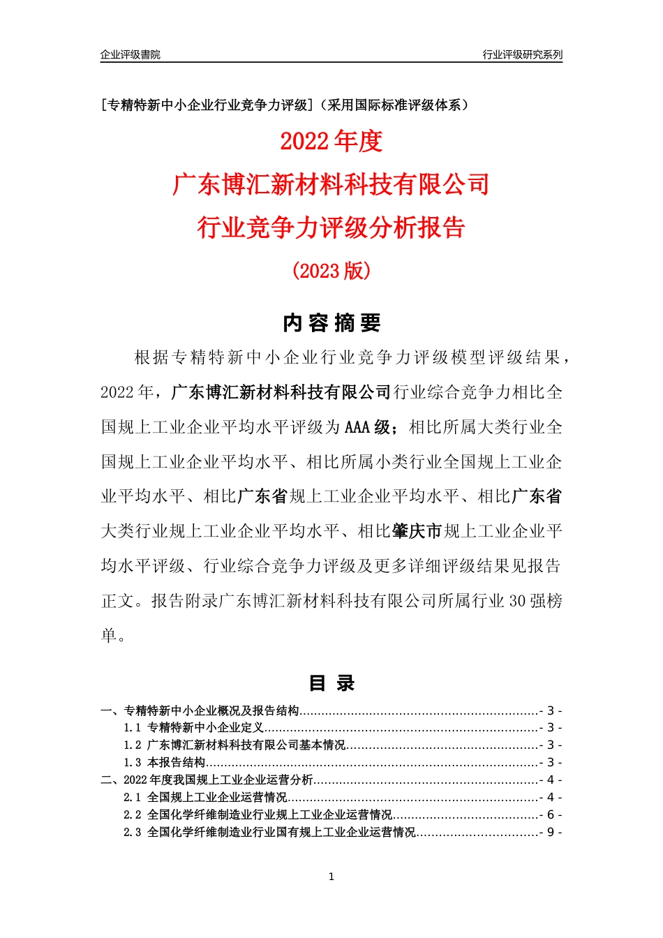 [专精特新]广东博汇新材料科技有限公司行业竞争力评级分析报告(2023版)_第1页