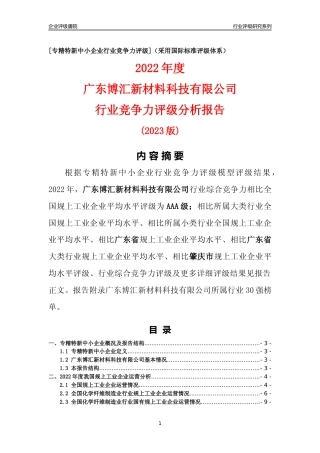 [专精特新]广东博汇新材料科技有限公司行业竞争力评级分析报告(2023版)