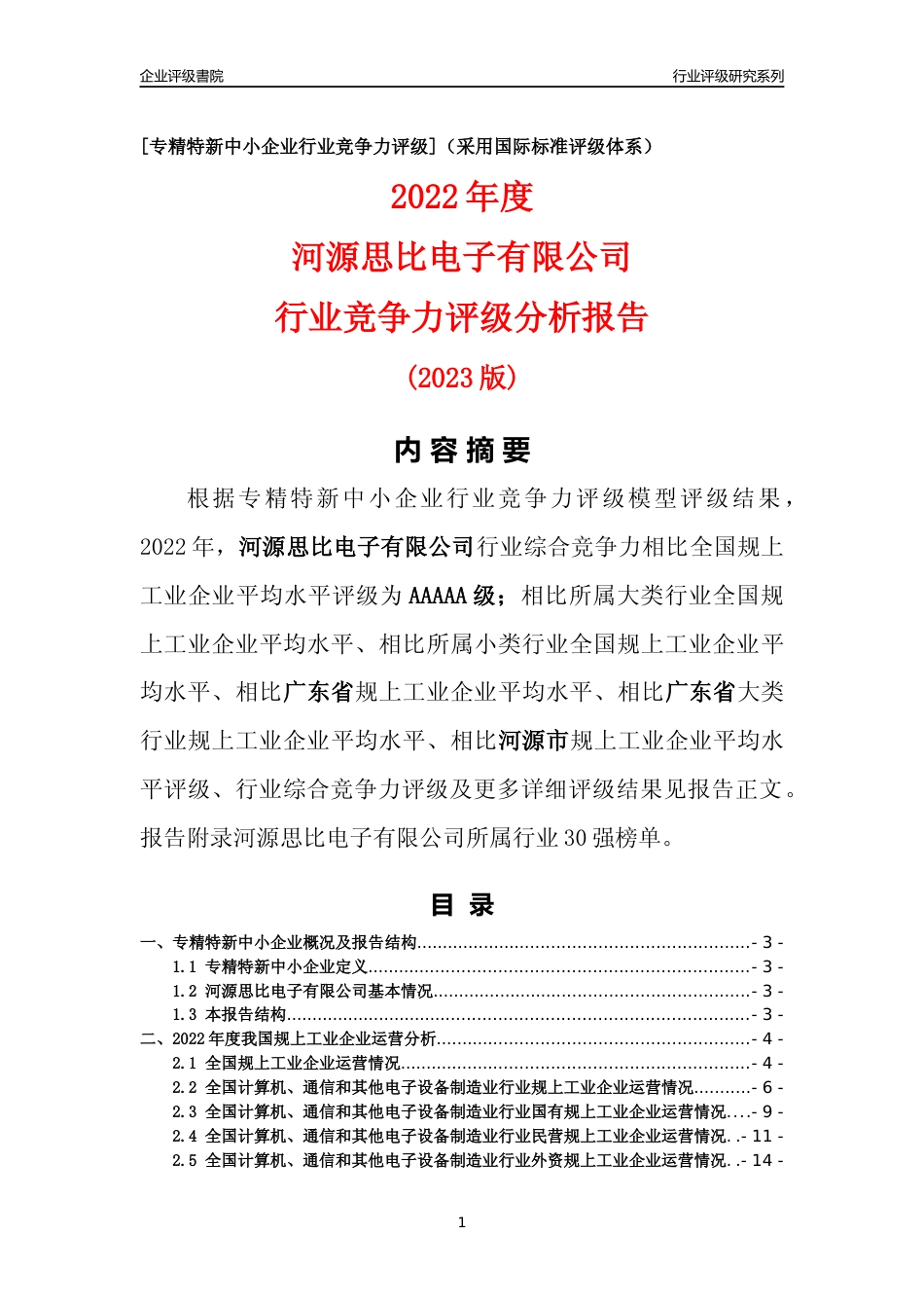 [专精特新]河源思比电子有限公司行业竞争力评级分析报告(2023版)_第1页