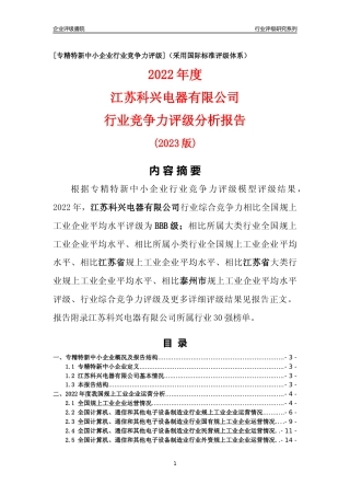 [专精特新]江苏科兴电器有限公司行业竞争力评级分析报告(2023版)