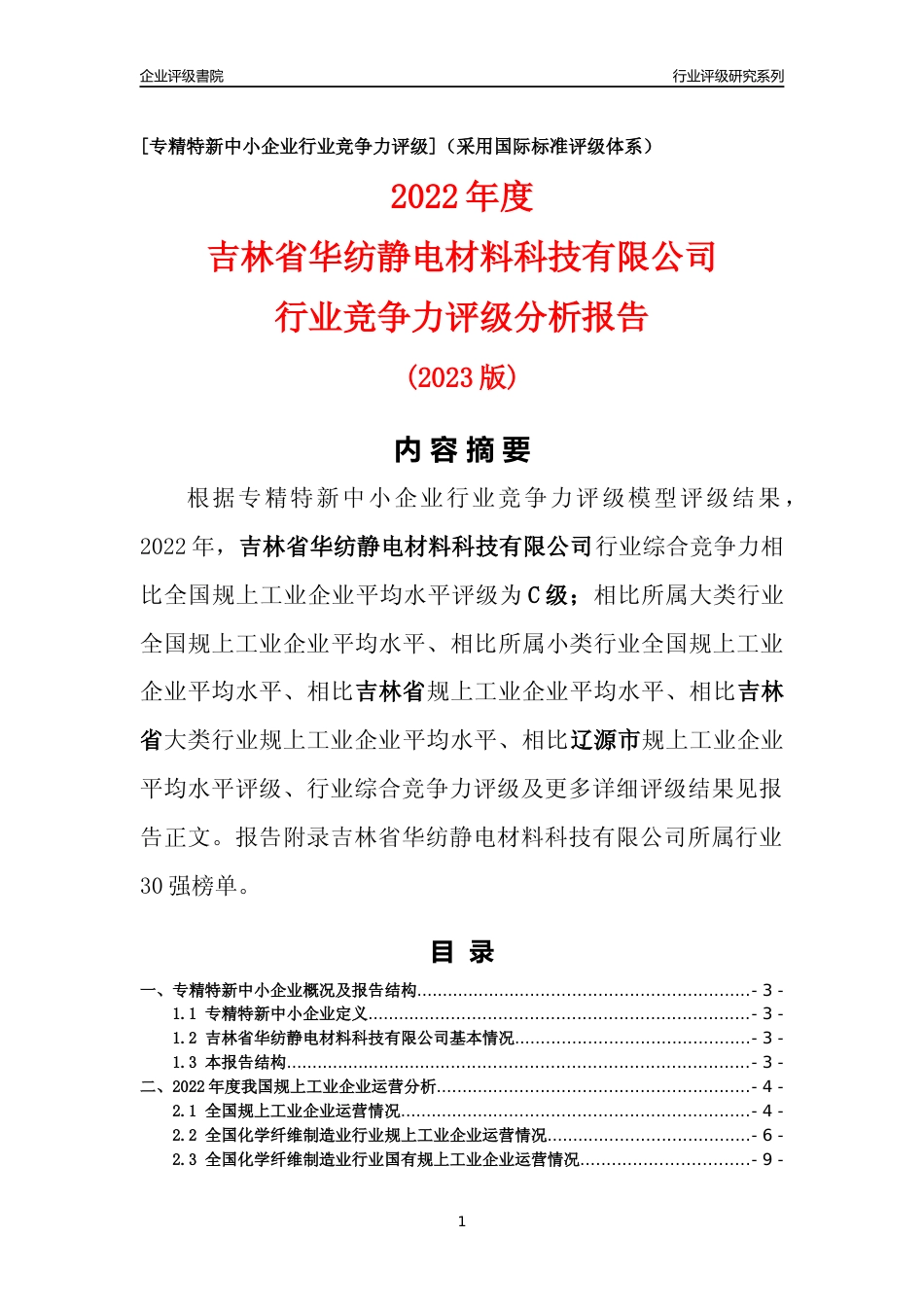 [专精特新]吉林省华纺静电材料科技有限公司行业竞争力评级分析报告(2023版)_第1页