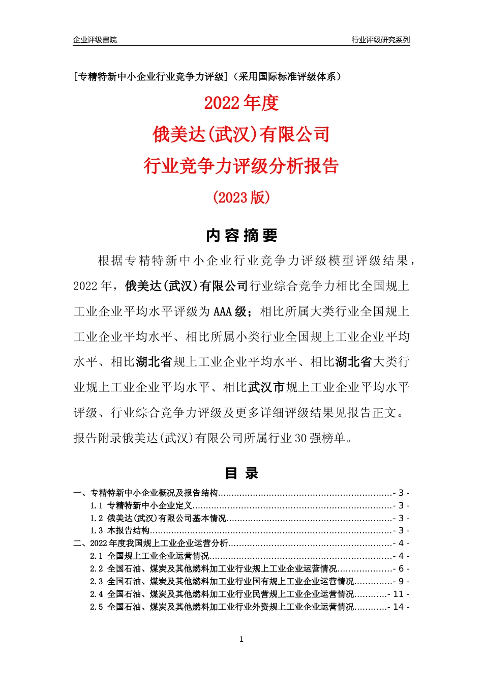 [专精特新]俄美达(武汉)有限公司行业竞争力评级分析报告(2023版)_第1页