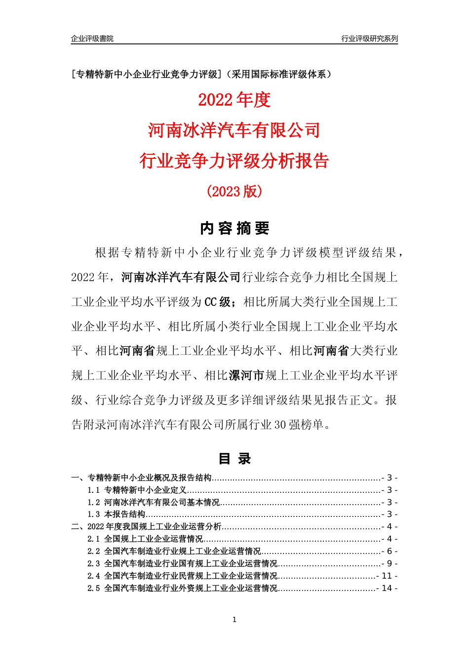 [专精特新]河南冰洋汽车有限公司行业竞争力评级分析报告(2023版)_第1页