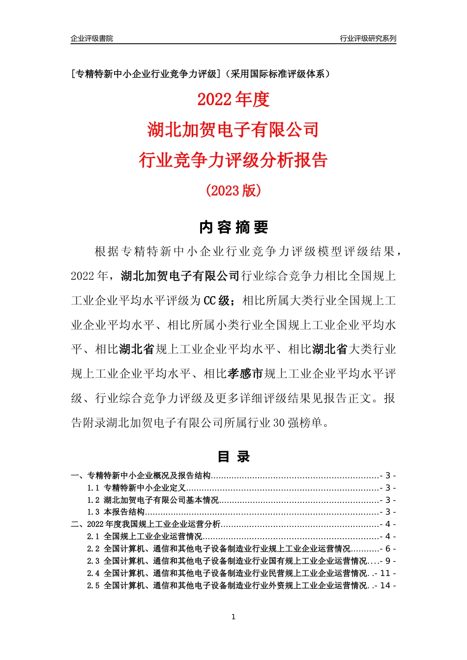 [专精特新]湖北加贺电子有限公司行业竞争力评级分析报告(2023版)_第1页