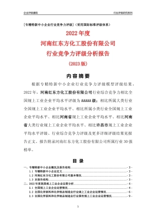 [专精特新]河南红东方化工股份有限公司行业竞争力评级分析报告(2023版)