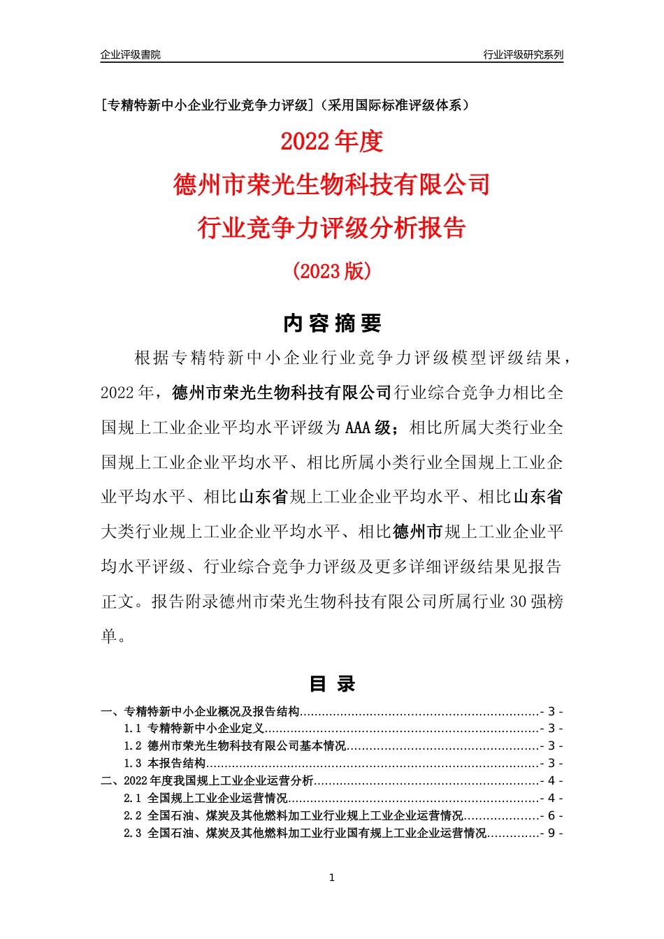 [专精特新]德州市荣光生物科技有限公司行业竞争力评级分析报告(2023版)_第1页