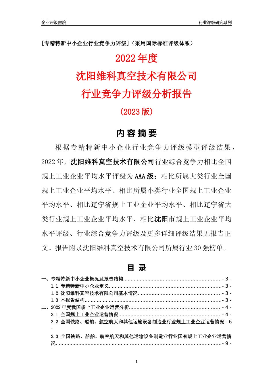 [专精特新]沈阳维科真空技术有限公司行业竞争力评级分析报告(2023版)_第1页