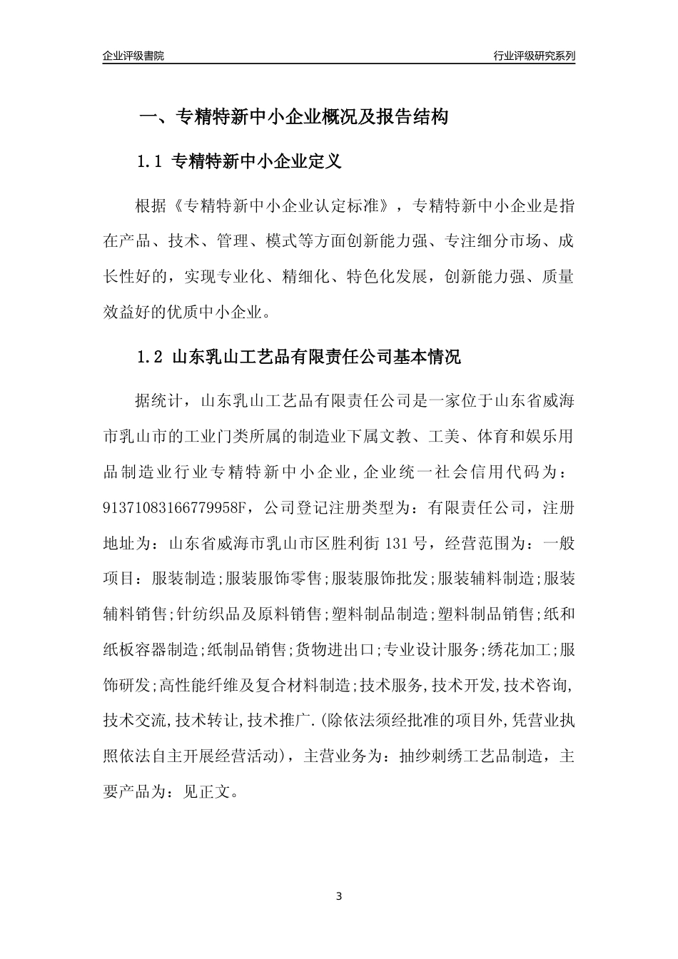 [专精特新]山东乳山工艺品有限责任公司行业竞争力评级分析报告(2023版)_第3页