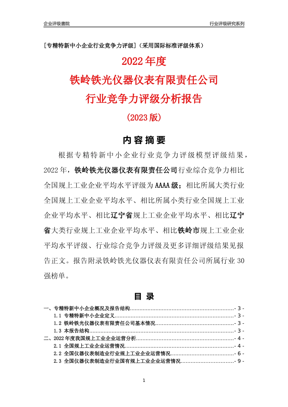 [专精特新]铁岭铁光仪器仪表有限责任公司行业竞争力评级分析报告(2023版)_第1页