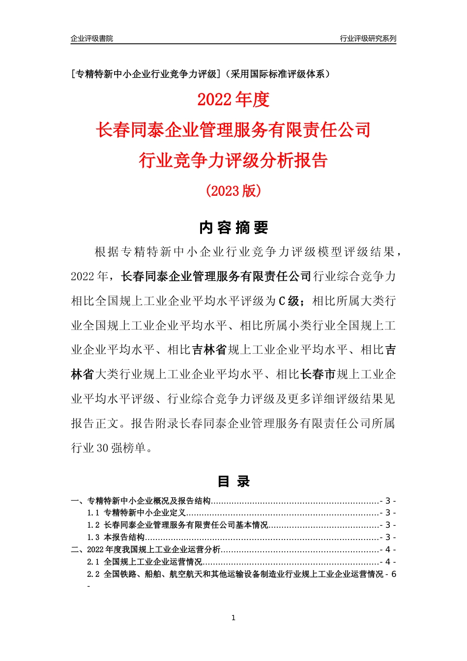 [专精特新]长春同泰企业管理服务有限责任公司行业竞争力评级分析报告(2023版)_第1页