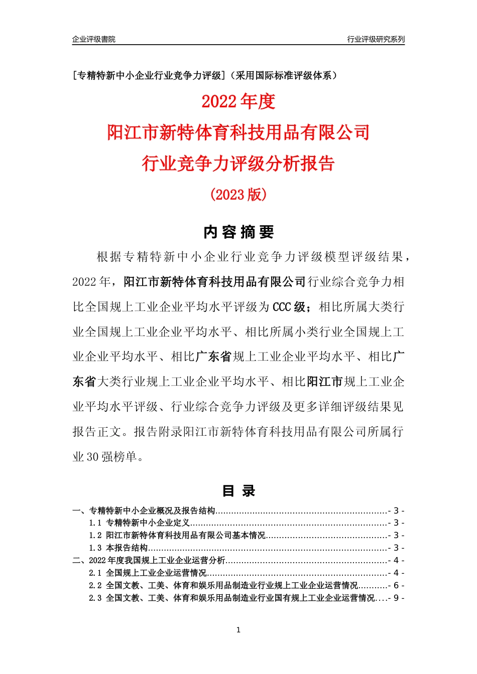 [专精特新]阳江市新特体育科技用品有限公司行业竞争力评级分析报告(2023版)_第1页