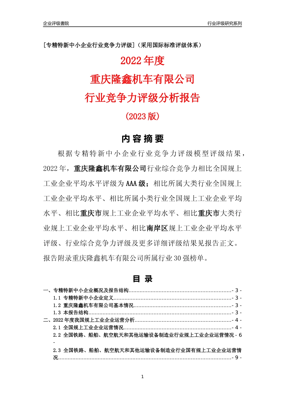 [专精特新]重庆隆鑫机车有限公司行业竞争力评级分析报告(2023版)_第1页