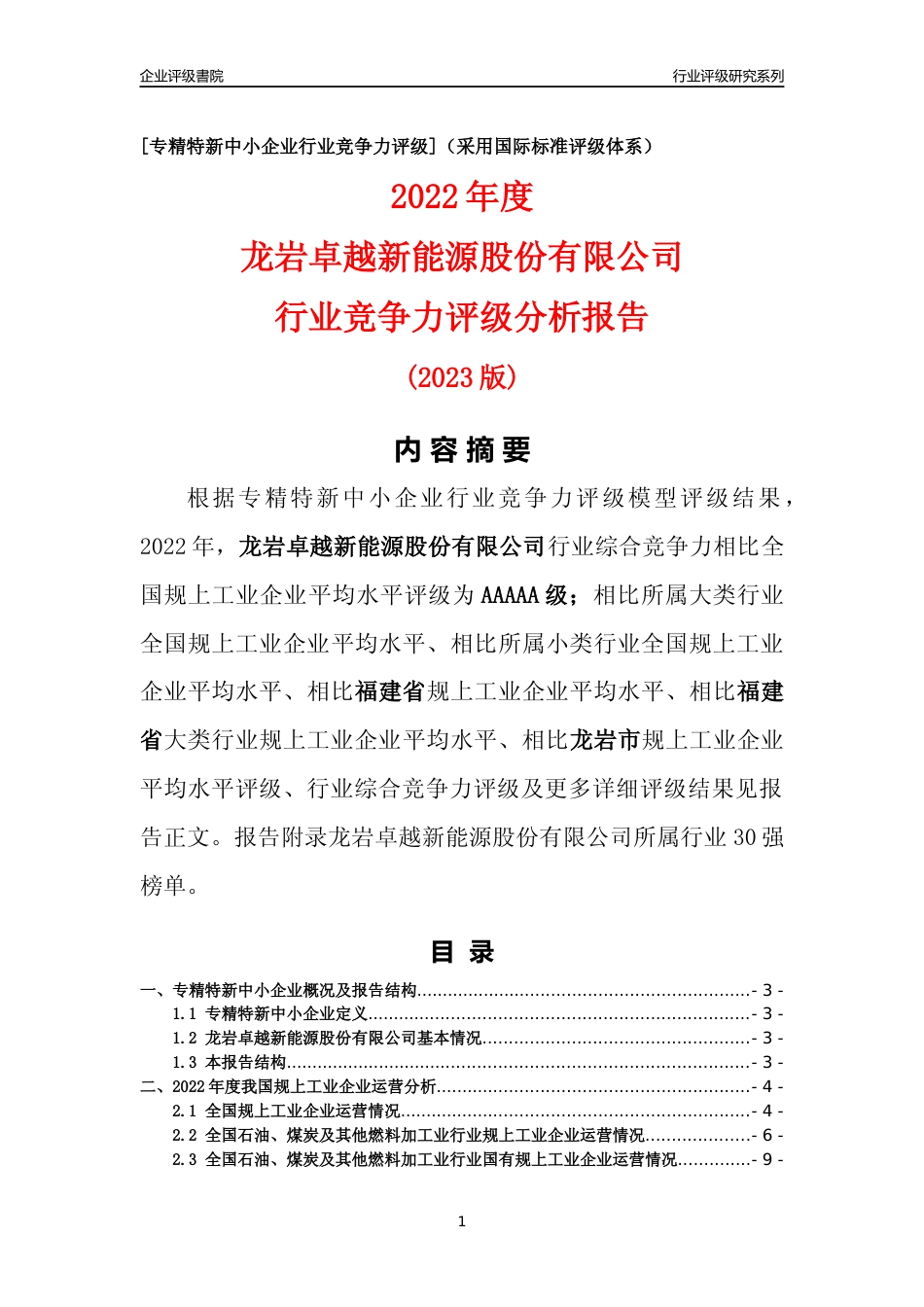 [专精特新]龙岩卓越新能源股份有限公司行业竞争力评级分析报告(2023版)_第1页