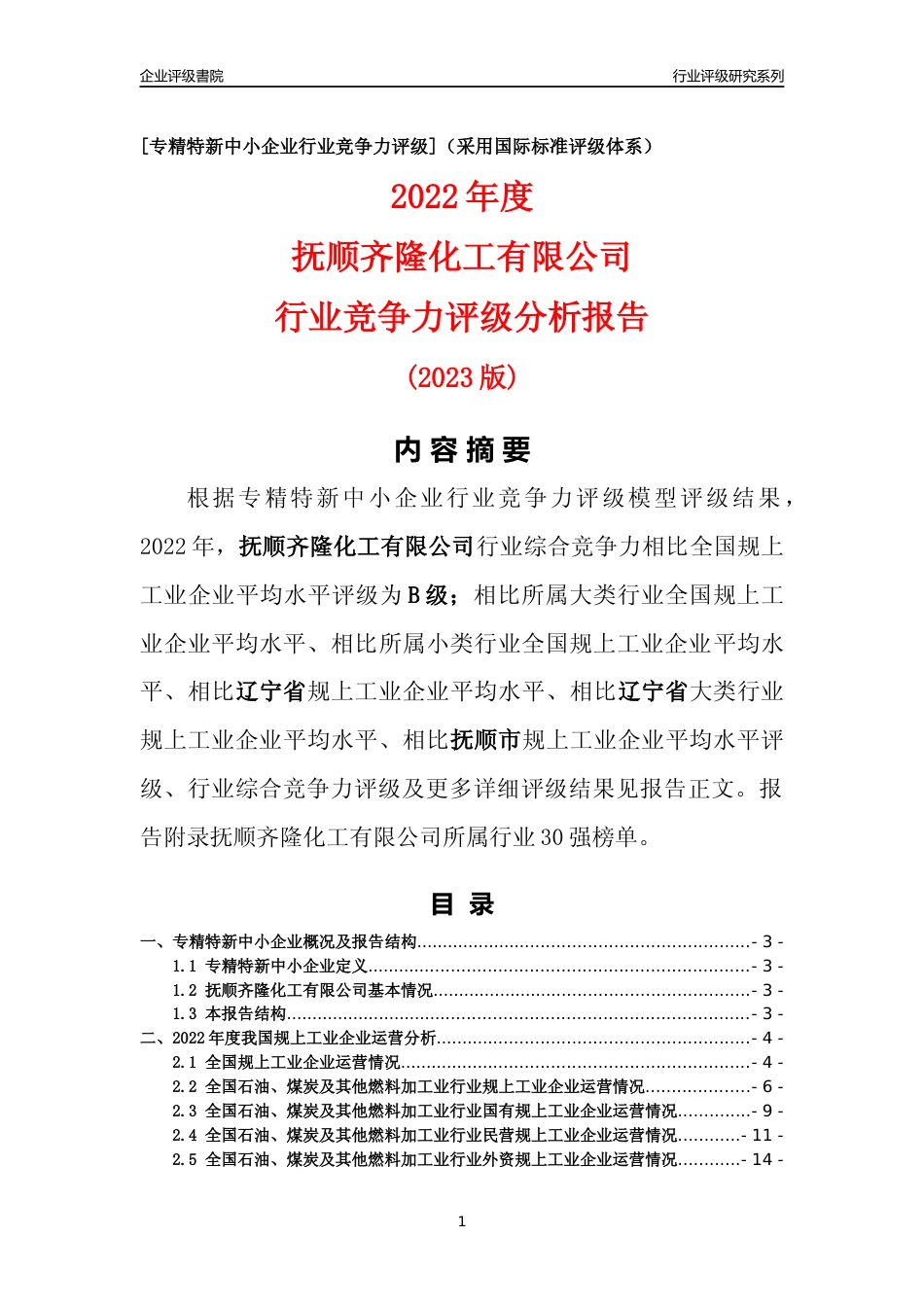 [专精特新]抚顺齐隆化工有限公司行业竞争力评级分析报告(2023版)_第1页